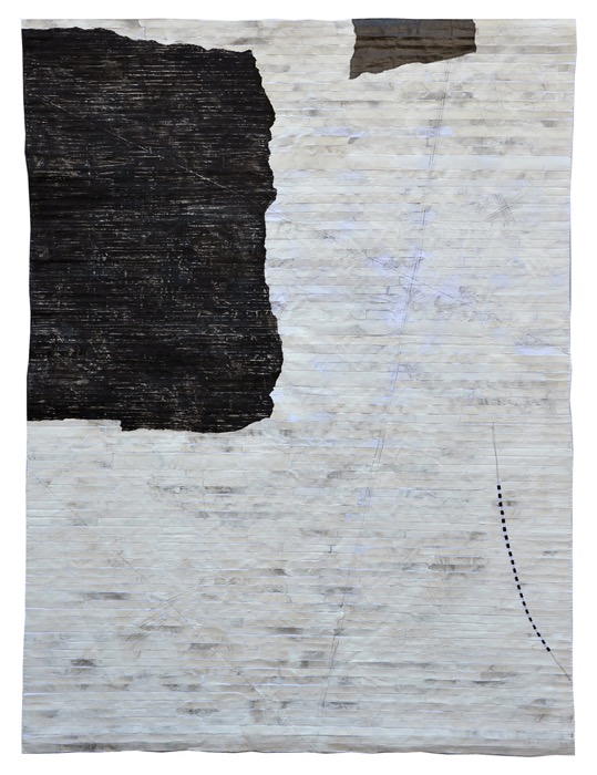 Where the tree grows out of the house, 2020, H172 x W126 cm, stitched mixed media collage on fabric, drawing