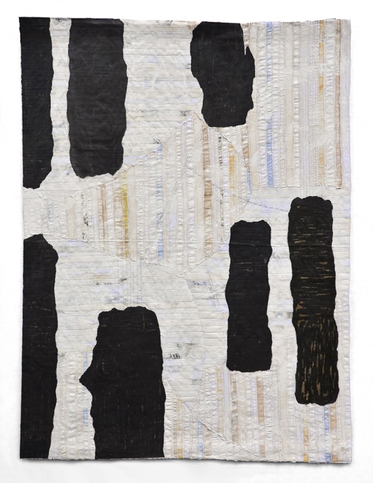 They stopped at the second floor, 2020, H149 x W111 cm, stitched mixed media collage on fabric, drawing