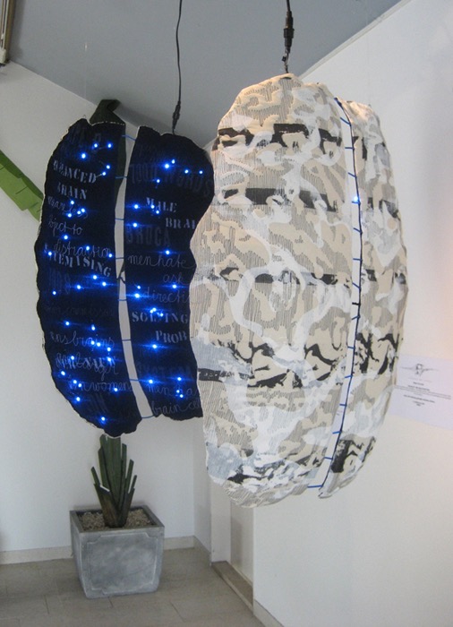 Male Brain - Female Brain, 2007, H90 x W130 x D20 cm, fabric stitched panels, chicken wire, LED lights, plastic cord, screenprinted, embroidered