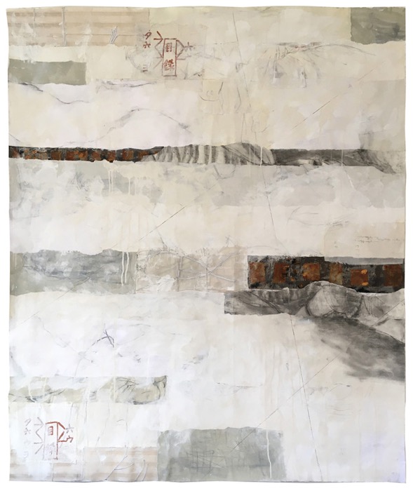 No floor, H146 x W122 cm, collage on fabric, painting, drawing